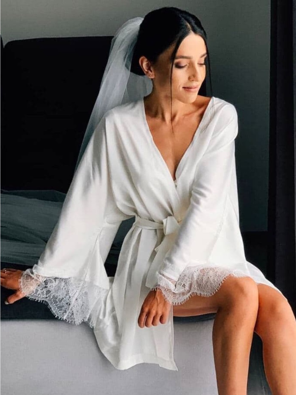 Monika Blank White Satin Lace Bridal Robe